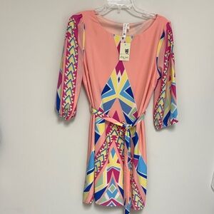 Pink Owl Coral Pink Geometric Belted Long Sleeve Dress